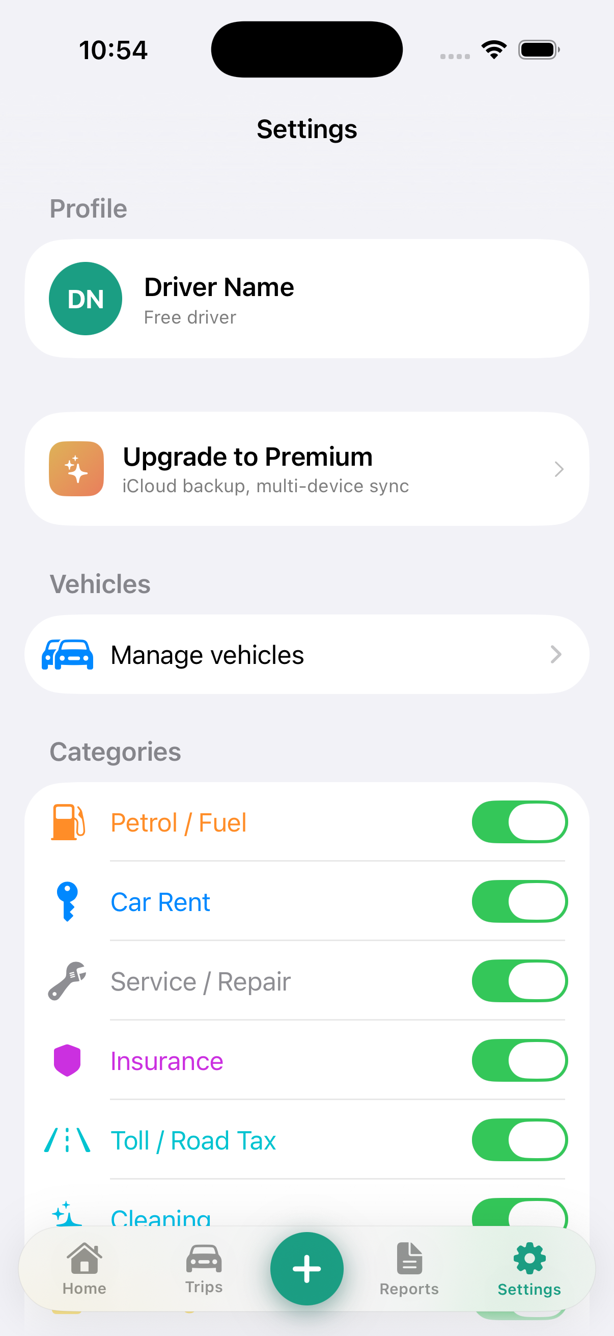 Settings page